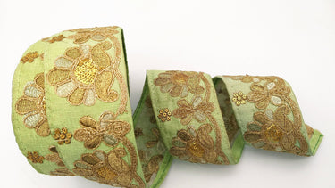 Green Art Silk Trim In Gold Floral Embroidery, Gold Embroidered Flowers Border, Floral Trim